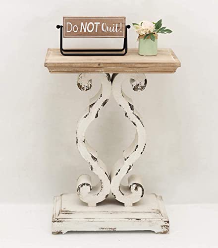 French Country Accent Wood Rectangle End Table, Farmhouse Rustic Wood Side Table with Natural Wood Top and Distressed White Carved Base, Vintage Table for Slim Spaces, 19.75 x 11.75 x 27.5 Inches