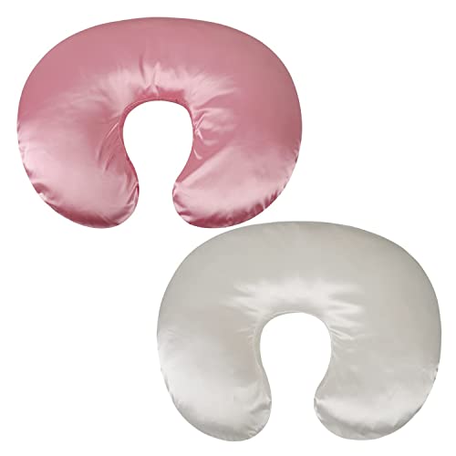 Satin Nursing Pillow Cover Slipcover Set 2 Pack Ultra Soft Silk Compatible with Boppy Pillow for Breastfeeding Pillow Case (White + Pink)