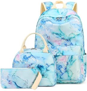 ledaou backpack for girls school bag kids bookbag teen backpack set daypack with lunch bag and pencil case (marble purple blue green)