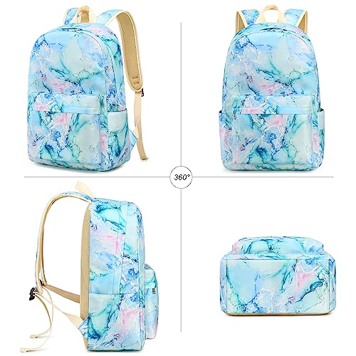 LEDAOU Backpack for Girls School Bag Kids Bookbag Teen Backpack Set Daypack with Lunch Bag and Pencil Case (Marble Purple Blue Green)