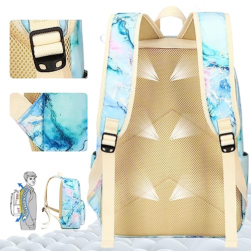 LEDAOU Backpack for Girls School Bag Kids Bookbag Teen Backpack Set Daypack with Lunch Bag and Pencil Case (Marble Purple Blue Green)