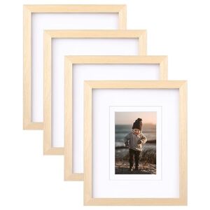 kinlink 8x10 picture frames oak color - beige wood frames with acrylic plexiglass for pictures 4x6/5x7 with mat or 8x10 without mat, tabletop and wall mounting display, set of 4
