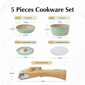 Nonstick Cookware Sets, Ceramic Pots and Pans Set with Detachable Handle, 5 Piece Non Stick Kitchen Cooking Sets, RV Cookware Set for Induction Stoves Dishwasher Oven Safe, PTFE PFOA PFAS Free, Green