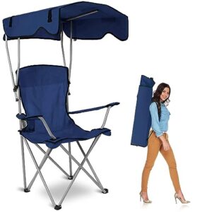 teqhome camp chair with shade canopy, heavy duty max shade folding camping lawn chair with cup holder, upf 50+ sun protection portable beach lounge chair for outdoor sports support 330 lbs (navy blue)