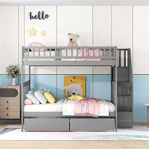 CITYLIGHT Full Over Full Bunk Beds with Stairs,Wood Full Bunk Beds with 2 Storage Drawers, Bunk Bed Full Over Full Size for Kids,Teens, Adults, No Box Spring Needed, Grey