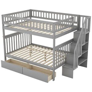 CITYLIGHT Full Over Full Bunk Beds with Stairs,Wood Full Bunk Beds with 2 Storage Drawers, Bunk Bed Full Over Full Size for Kids,Teens, Adults, No Box Spring Needed, Grey