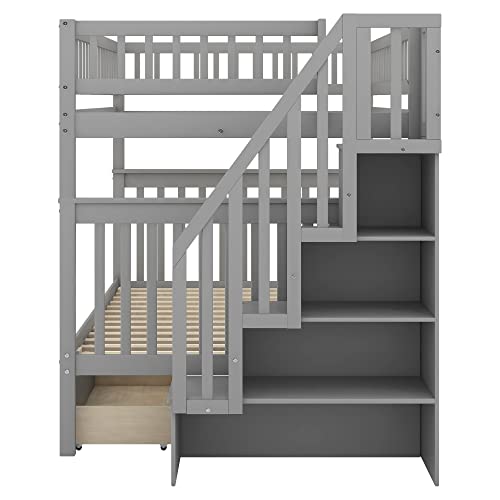 CITYLIGHT Full Over Full Bunk Beds with Stairs,Wood Full Bunk Beds with 2 Storage Drawers, Bunk Bed Full Over Full Size for Kids,Teens, Adults, No Box Spring Needed, Grey