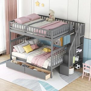 CITYLIGHT Full Over Full Bunk Beds with Stairs,Wood Full Bunk Beds with 2 Storage Drawers, Bunk Bed Full Over Full Size for Kids,Teens, Adults, No Box Spring Needed, Grey