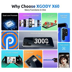 Xgody X60 4G LTE Smartphone Unlocked, 6 Inch QHD Waterdrop Screen, 2GB RAM+16GB ROM, Dual Sim Slots Android Cell Phone, 5MP+5MP Camera, Face Unlock, 3000mAh, AT&T/T-Mobile Smart Phones (Blue)