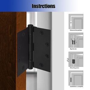 6-Pack 4.5 X 4.5" inch Black Heavy Duty Commercial Door Hinge Thickened, Silent Plain Steel Ball Bearing Door Hinges, Thickness 3 mm Stainless Steel Square Corners with 48 Screws