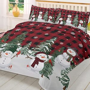 full comforter cover set - soft and breathable bedding sets, red buffalo check snowman and christmas pine tree winter holiday 3 pieces light weight bed sets with 1 duvet cover and 2 pillowcases
