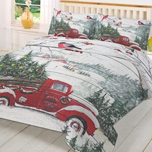 twin comforter cover set - soft and breathable bedding sets, rustic farmhouse red vintage truck christmas tree cardinal bird 3 pieces light weight bed sets with 1 duvet cover and 2 pillowcases