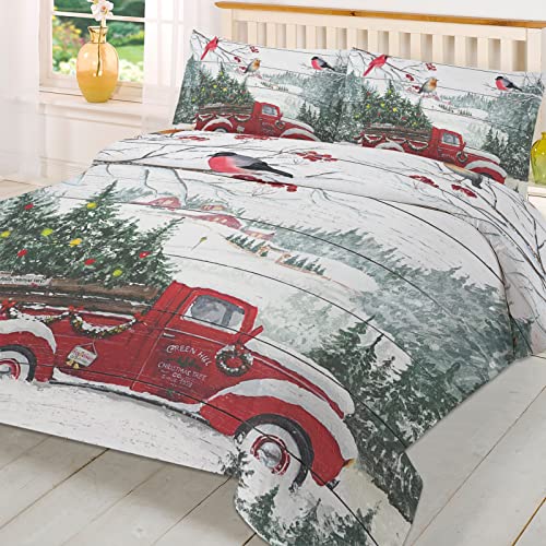 Twin Comforter Cover Set - Soft and Breathable Bedding Sets, Rustic Farmhouse Red Vintage Truck Christmas Tree Cardinal Bird 3 Pieces Light Weight Bed Sets with 1 Duvet Cover and 2 Pillowcases