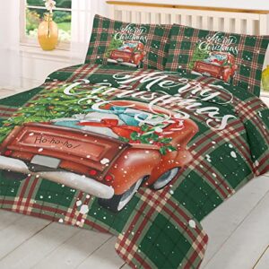 apabucher queen comforter cover set - soft and breathable bedding sets, buffalo plaid merry christmas red truck with xmas tree 3 pieces light weight bed sets with 1 duvet cover and 2 pillowcases