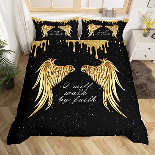 Golden Wings Kids Duvet Cover Set Twin Size,Glitter Starry Sky Romantic Bedding Set,Girls Boys Women Room Decor,Faith Theme Motivational Quote Comforter Cover,Black Noble Quilt Cover,1 Pillowcase