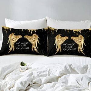 Golden Wings Kids Duvet Cover Set Twin Size,Glitter Starry Sky Romantic Bedding Set,Girls Boys Women Room Decor,Faith Theme Motivational Quote Comforter Cover,Black Noble Quilt Cover,1 Pillowcase