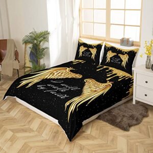 Golden Wings Kids Duvet Cover Set Twin Size,Glitter Starry Sky Romantic Bedding Set,Girls Boys Women Room Decor,Faith Theme Motivational Quote Comforter Cover,Black Noble Quilt Cover,1 Pillowcase