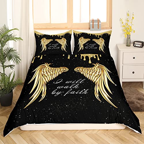 Golden Wings Kids Duvet Cover Set Twin Size,Glitter Starry Sky Romantic Bedding Set,Girls Boys Women Room Decor,Faith Theme Motivational Quote Comforter Cover,Black Noble Quilt Cover,1 Pillowcase