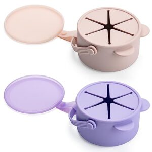 silicone no spill snack cups for toddlers – portable baby snack cup containers with dustproof lid – dishwasher-friendly toddler spill proof cups without bpa, lead, or phthalates – pink and lilac