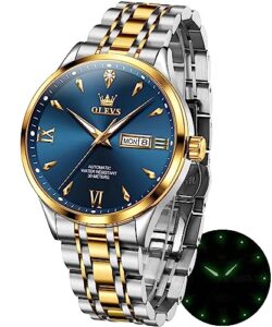 olevs automatic watches for men mechanical self winding luxury business calendar waterproof luminous stainless steel wrist watch gold blue