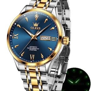 OLEVS Automatic Watches for Men Mechanical Self Winding Luxury Business Calendar Waterproof Luminous Stainless Steel Wrist Watch Gold Blue