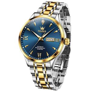 OLEVS Automatic Watches for Men Mechanical Self Winding Luxury Business Calendar Waterproof Luminous Stainless Steel Wrist Watch Gold Blue