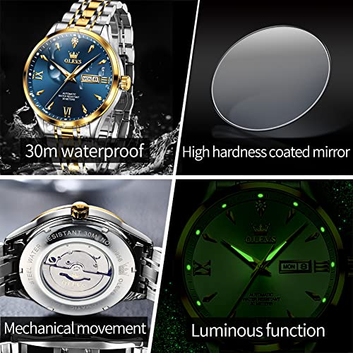 OLEVS Automatic Watches for Men Mechanical Self Winding Luxury Business Calendar Waterproof Luminous Stainless Steel Wrist Watch Gold Blue