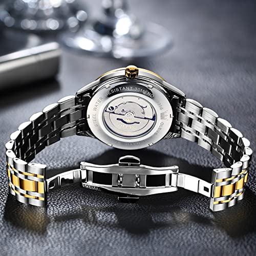 OLEVS Automatic Watches for Men Mechanical Self Winding Luxury Business Calendar Waterproof Luminous Stainless Steel Wrist Watch Gold Blue