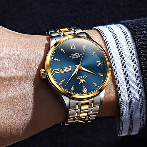 OLEVS Automatic Watches for Men Mechanical Self Winding Luxury Business Calendar Waterproof Luminous Stainless Steel Wrist Watch Gold Blue