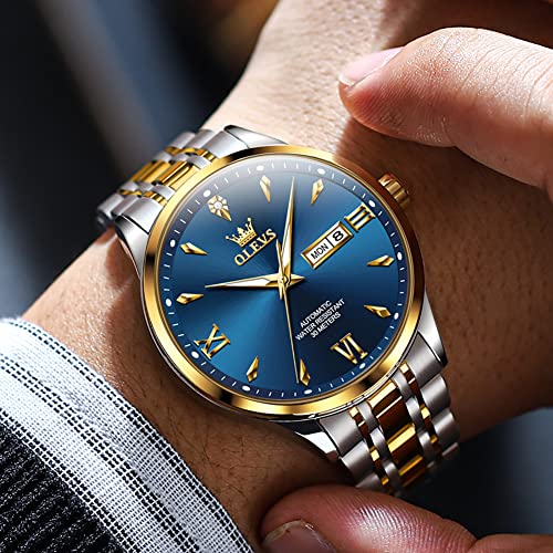 OLEVS Automatic Watches for Men Mechanical Self Winding Luxury Business Calendar Waterproof Luminous Stainless Steel Wrist Watch Gold Blue