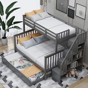biadnbz twin over full bunk bed with trundle and staircase, solid wood stairway bunkbeds w/guard rail and storage stairs, can be divided into two platform bedframe, for kids/teens/adults, gray