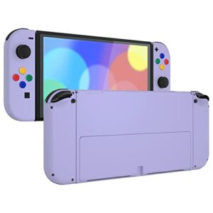 extremerate light violet soft touch full set shell for nintendo switch oled, replacement console back plate&metal kickstand, ns joycon handheld controller housing & buttons for nintendo switch oled