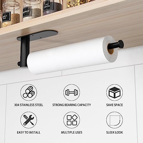 Paper Towel Holder, New Upgraded Thickened Under Cabinet Paper Towel Holder, Self Adhesive Wall Mount Towel Holder for Kitchen, Bathroom, RV, Glass, Sink, SUS304 Stainless Steel 13 inch, Matte Black