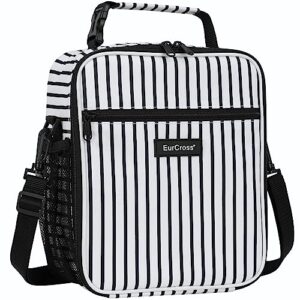 eurcross lunch box for men women adults, black and white stripes portable lunchbox with strap for work, insulated reusable small lunch bag for office