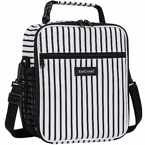 EurCross Lunch Box for Men Women Adults, Black and White Stripes Portable Lunchbox with Strap for Work, Insulated Reusable Small Lunch Bag for Office