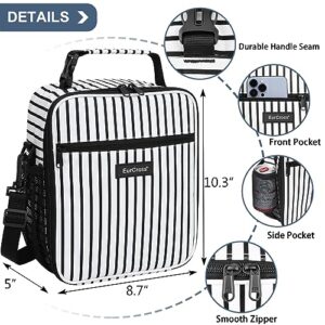 EurCross Lunch Box for Men Women Adults, Black and White Stripes Portable Lunchbox with Strap for Work, Insulated Reusable Small Lunch Bag for Office