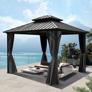 GARTOO 10'x10' Outdoor Double Roof Galvanized Hardtop Gazebo - Heavy-Duty Aluminum Frame Iron Top Gazebo with Breathable Netting & Curtains for Patio, Garden, Lawn, Deck, Backyard