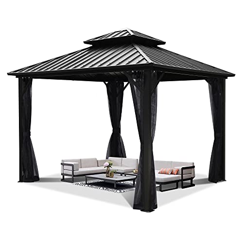 GARTOO 10'x10' Outdoor Double Roof Galvanized Hardtop Gazebo - Heavy-Duty Aluminum Frame Iron Top Gazebo with Breathable Netting & Curtains for Patio, Garden, Lawn, Deck, Backyard