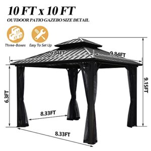 GARTOO 10'x10' Outdoor Double Roof Galvanized Hardtop Gazebo - Heavy-Duty Aluminum Frame Iron Top Gazebo with Breathable Netting & Curtains for Patio, Garden, Lawn, Deck, Backyard