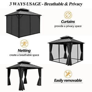 GARTOO 10'x10' Outdoor Double Roof Galvanized Hardtop Gazebo - Heavy-Duty Aluminum Frame Iron Top Gazebo with Breathable Netting & Curtains for Patio, Garden, Lawn, Deck, Backyard