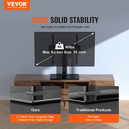 VEVOR TV Stand Mount, Swivel Universal TV Stand for 32-55 inch TV Screen up to 90lb, Height Adjustable Portable Floor TV Stand with Tempered Glass Base for Bedroom, Living Room, Max VESA 400x400mm