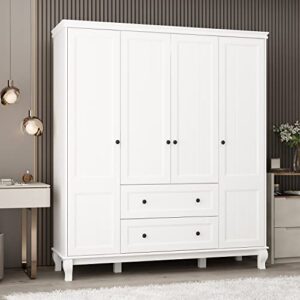 ecacad wide wardrobe armoire with 4 doors, shelves, 2 drawers, 2 hanging rods and 7 compartments, wooden closet storage cabinet for bedroom, white (63”w x 18.9”d x 71.3”h)