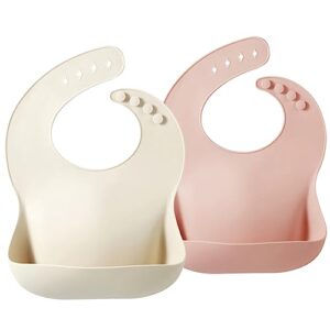pandaear 2 pack silicone baby bibs for girls, waterproof silicone bibs with food catcher, thick adjustable toddler bibs baby food bibs for eating, soft, non messy (pink tawny)