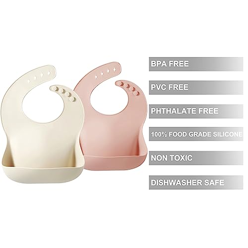 PandaEar 2 Pack Silicone Baby Bibs for Girls, Waterproof Silicone Bibs with Food Catcher, Thick Adjustable Toddler Bibs Baby Food Bibs for Eating, Soft, Non Messy (Pink Tawny)