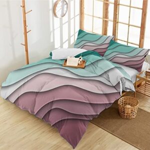 erxpood modern 3 piece full duvet cover set geometry teal purple abstract lines luxury soft bedding sets, microfiber comforter covers with 2 pillow case color gradient aesthetic for bedroom decor