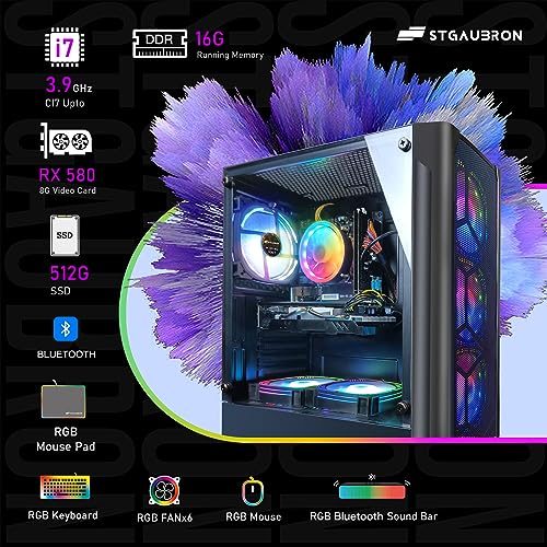 STGAubron Gaming PC Bundle with 24Inch FHD LED Monitor-Intel core I7 3.4G up to 3.9G,Radeon RX 580 8G GDDR5,16G,512G SSD,WiFi,BT 5.0,RGB Keybaord&Mouse&Mouse Pad,RGB BT Sound Bar,W10H64