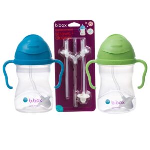 b.box sippy cup + replacement straw & cleaner combo pack | includes 2 weighted straw sippy cups (1 cobalt, 1 apple) | spill proof, leak proof, bpa free