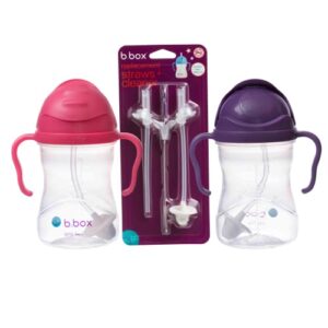 b.box sippy cup + replacement straw and cleaner pack | includes 2 weighted straw sippy cups (raspberry & grape) | leak proof, spill proof, bpa free