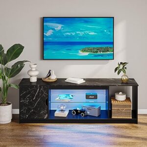 Bestier LED TV Stand for PS5,Modern Gaming Entertainment Center with Cabinet for 60/65 Inch TV,Easily Assemble TV Corner Console with Adjustable Glass Shelf for Living Room Bedroom Black Marble