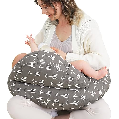 Yoofoss Nursing Pillow for Breastfeeding, Plus Size Ergonomic Breastfeeding Pillows, Breast Feeding Pillows for Mom and Baby with Adjustable Waist Strap, Removable Cover and Security Fence, Arrow Grey